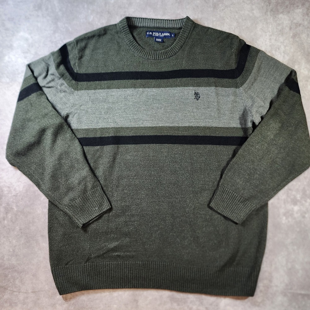 U.S. Polo Assn Mens L Olive Green Striped Crewneck Sweater Preppy